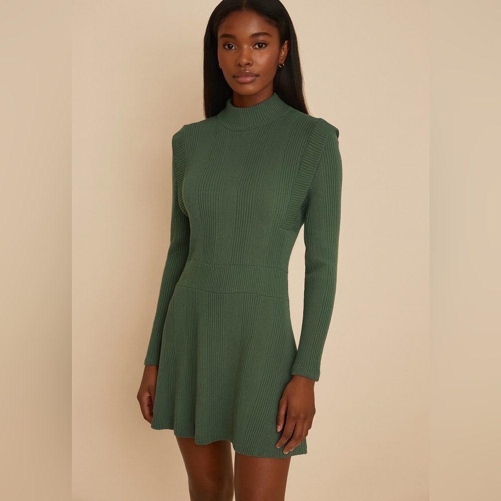 Maeve by Anthropologie Green Ribbed Knit Mock Neck Sweater Dress | Small